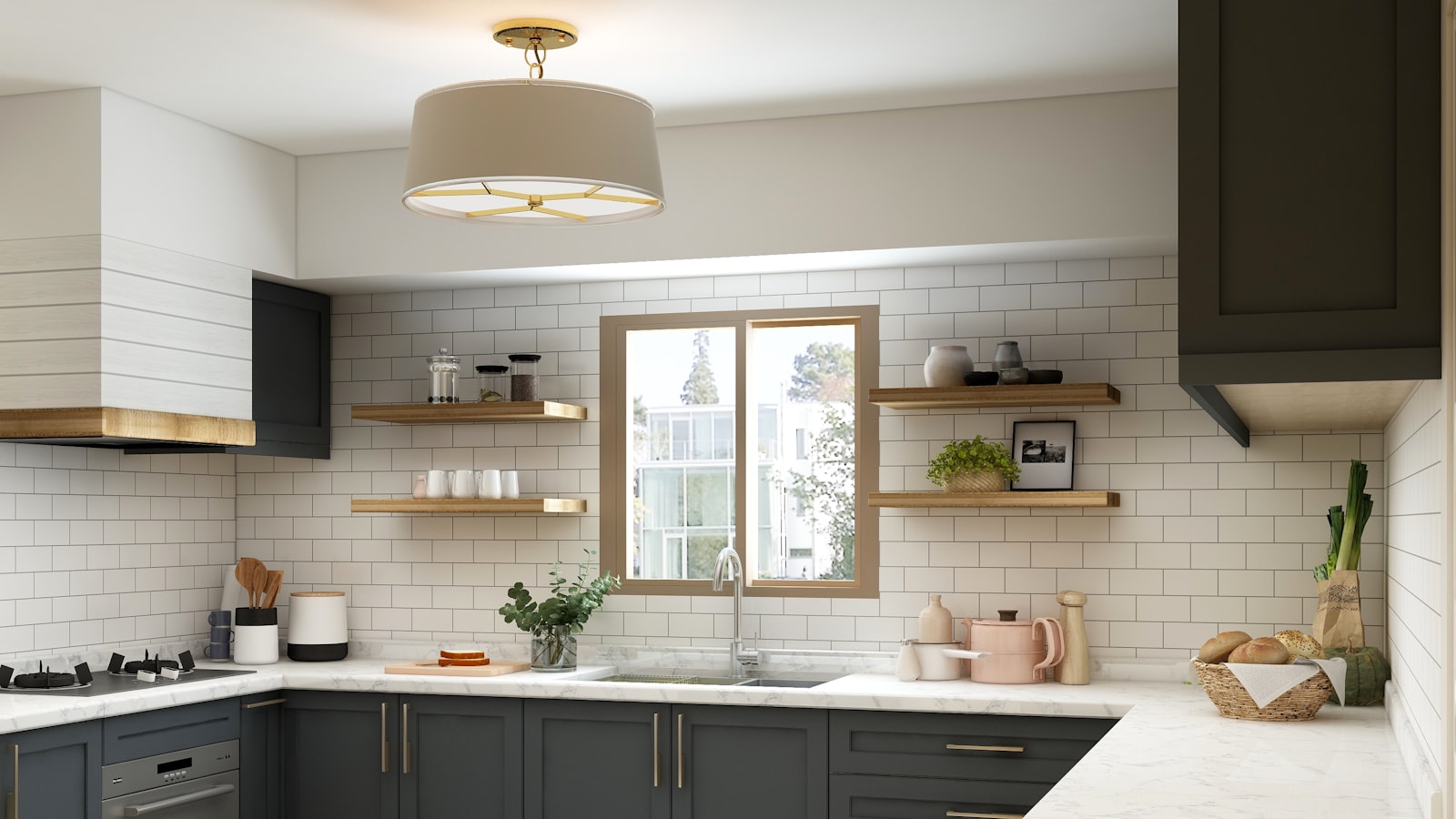 A tiled kitchen backsplash above a counter and sink with cabinets above.